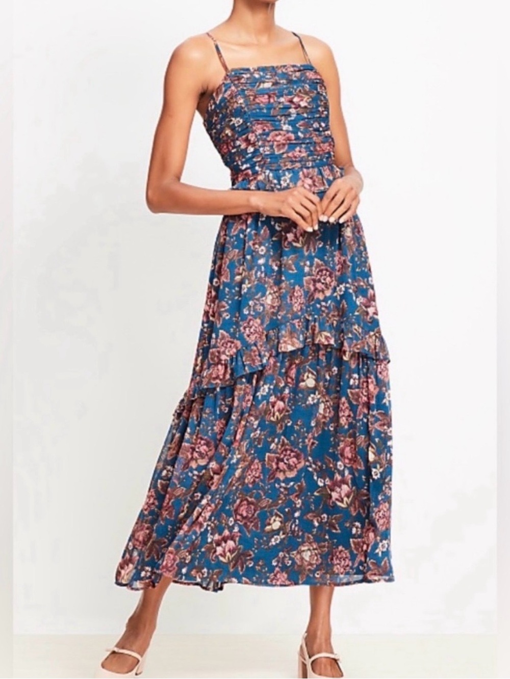 LOFT Floral Smocked Maxi Dress XL Cottage-core wedding guest